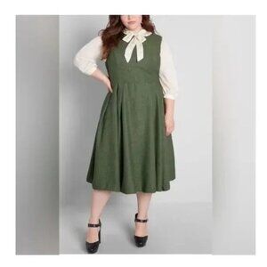 ModCloth x Collectif Astrid Green Herringbone Fit‎ & Flare Dress Women's XS